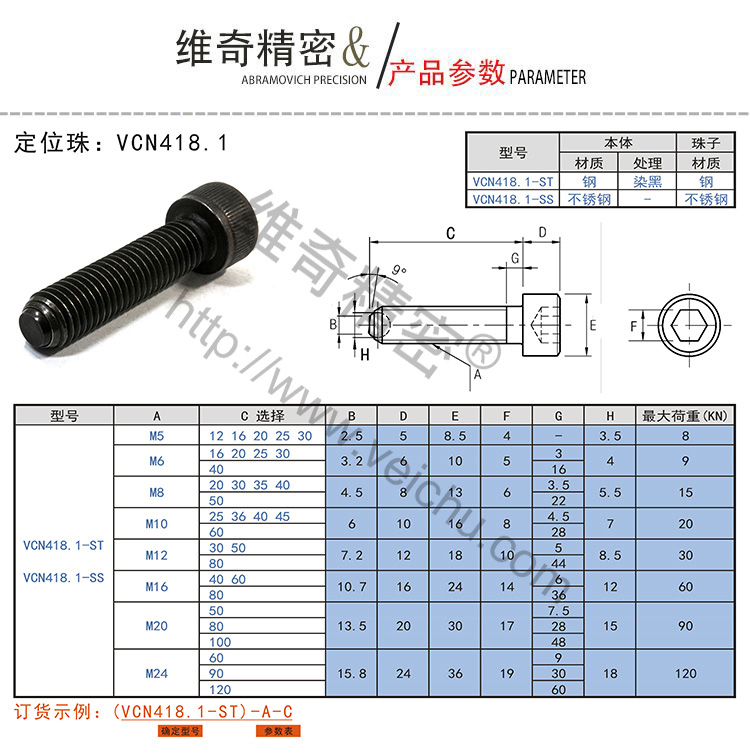 VCN418.1平頭杯頭定位珠螺桿規(guī)格表